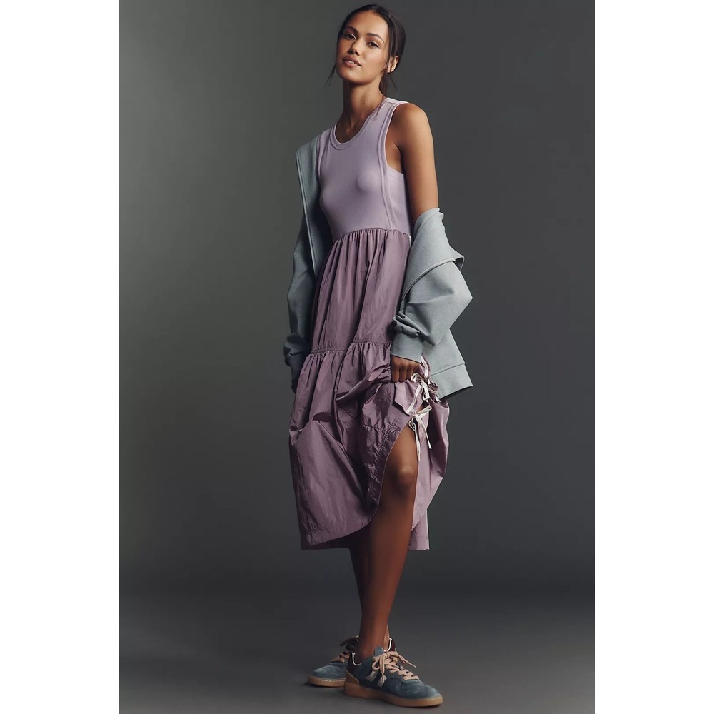 ANTHROPOLOGIE Daily Practice The Bowline Tiered Midi Dress Purple Size XXS NEW - Picture 2 of 13